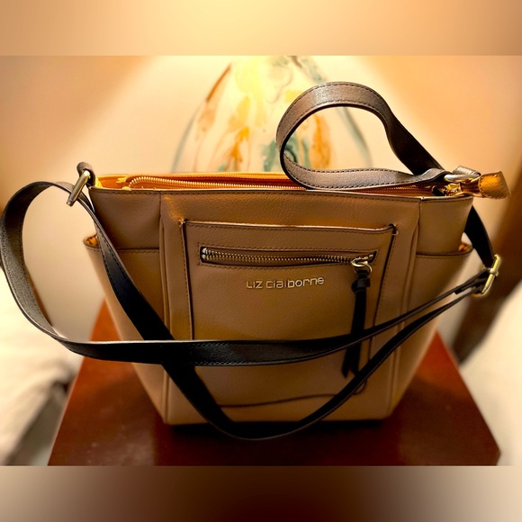 Liz Claiborne Cross Body or Shoulder Tan Purse With Black Strap and Gold Accents - Picture 1 of 7